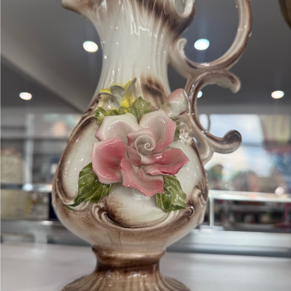 Vintage-Inspired Ceramic Vase with Pink Floral Design